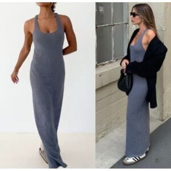 RUMORED NWT Smoke Heather Lakeville Maxi Knit Dress Large Minimalist Fall Chic - Picture 1 of 12